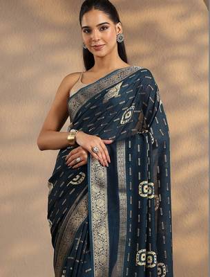 teal woven design saree with unstitched blouse piece 3