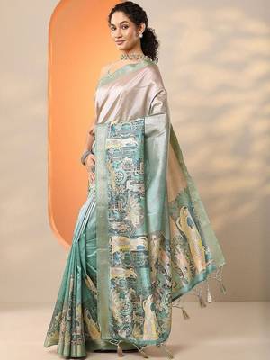 multi tribal printed silk blend saree with unstitched blouse piece 3