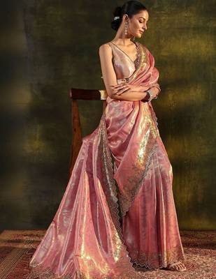 pink floral zari silk blend saree 1
