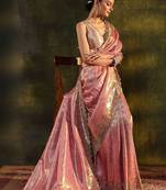 pink floral zari silk blend saree