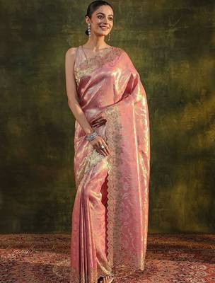 pink floral zari silk blend saree 2
