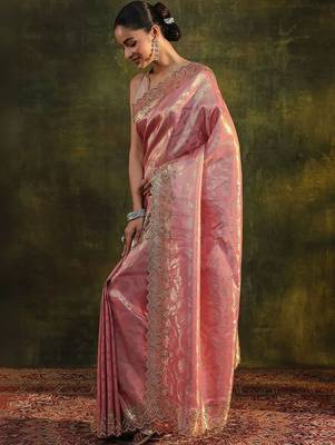 pink floral zari silk blend saree 3