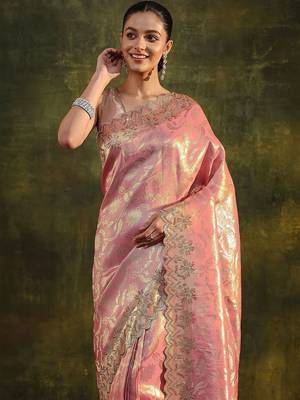 pink floral zari silk blend saree 5