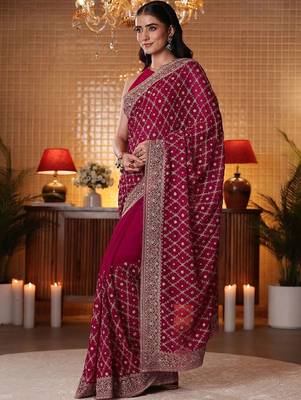 magenta floral embroidered georgette saree 1