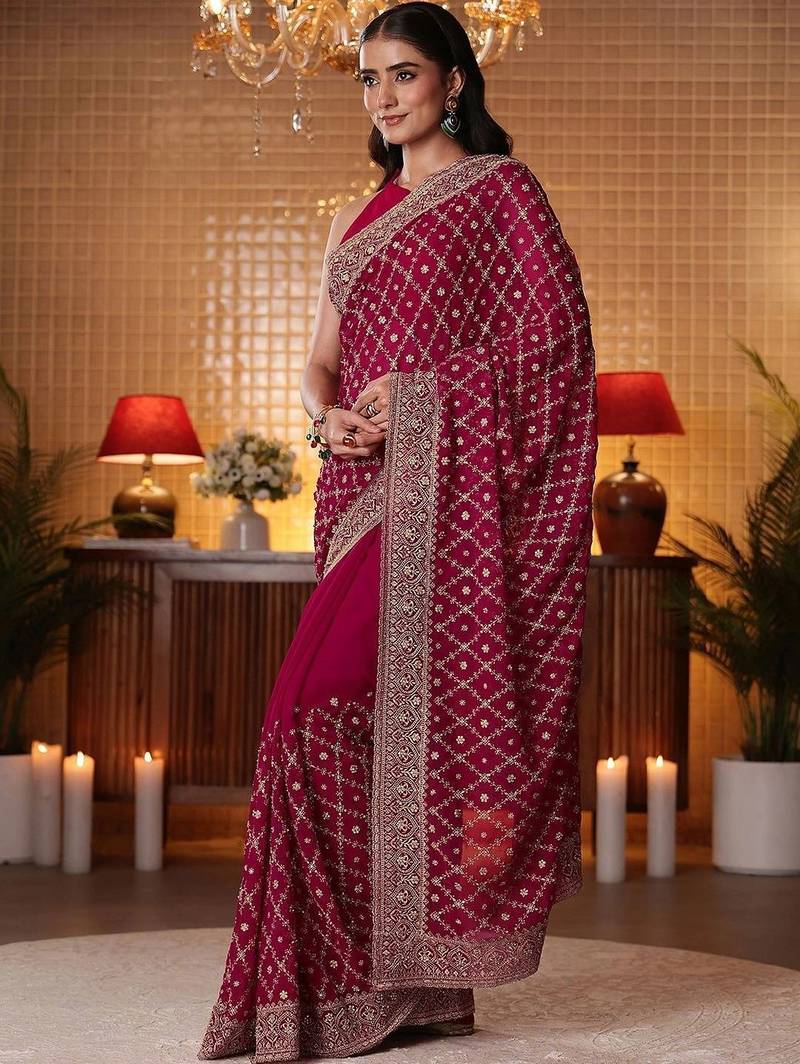 magenta floral embroidered georgette saree