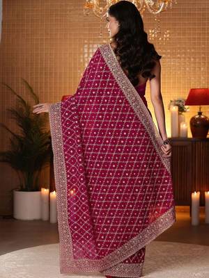 magenta floral embroidered georgette saree 3