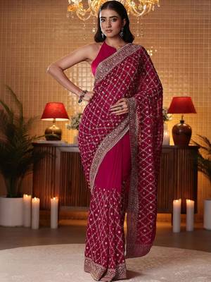 magenta floral embroidered georgette saree 4