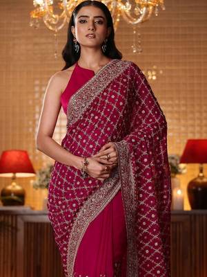 magenta floral embroidered georgette saree 5