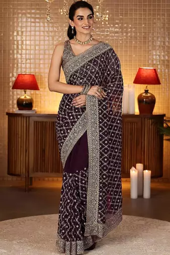 purple floral embroidered georgette saree