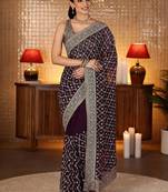purple floral embroidered georgette saree