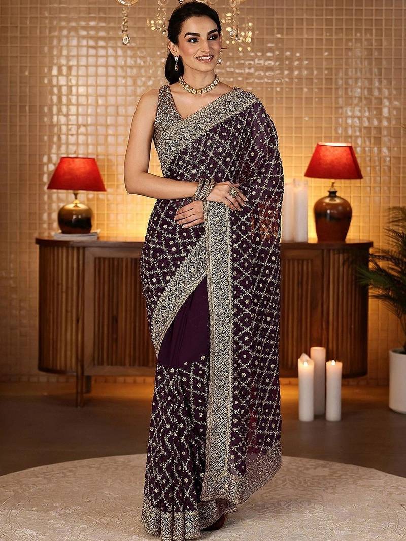 purple floral embroidered georgette saree
