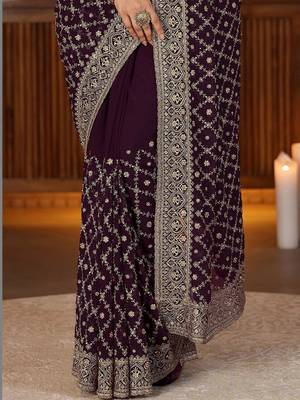 purple floral embroidered georgette saree 2