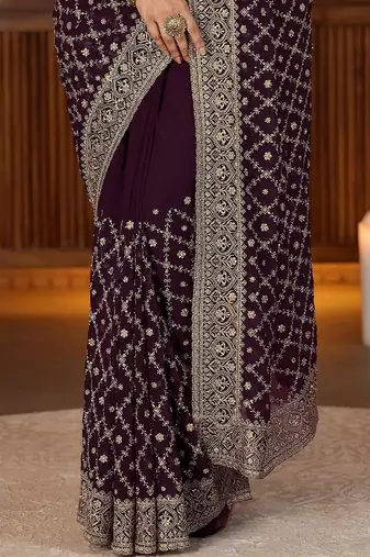 purple floral embroidered georgette saree
