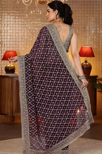 purple floral embroidered georgette saree