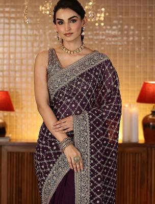 purple floral embroidered georgette saree 5