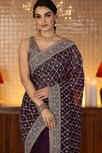 purple floral embroidered georgette saree