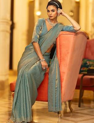 teal solid satin saree with unstitched blouse piece 1