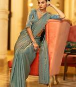 teal solid satin saree with unstitched blouse piece