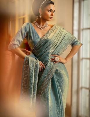 teal solid satin saree with unstitched blouse piece 2