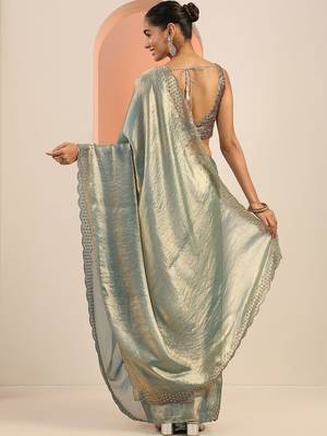 teal solid satin saree with unstitched blouse piece 3