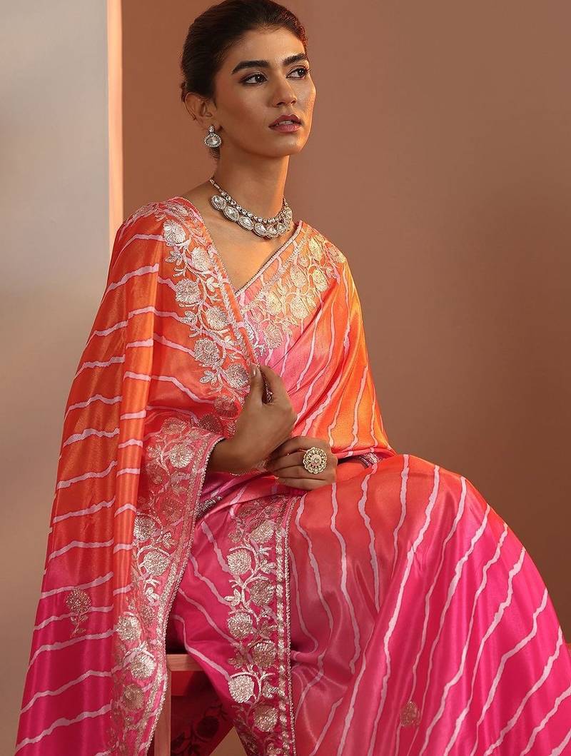 multi printed chinon saree with unstitched blouse piece