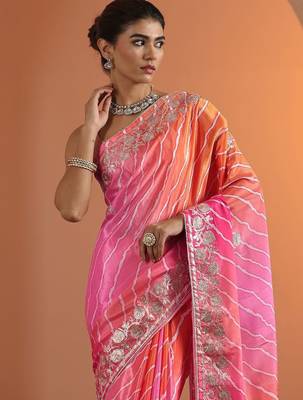 multi printed chinon saree with unstitched blouse piece 5
