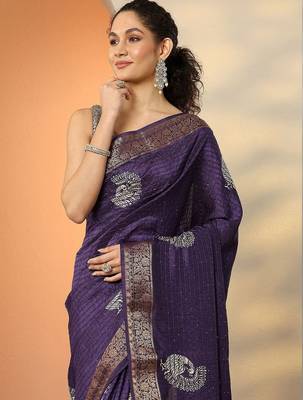 purple embellished saree with unstitched blouse piece 3