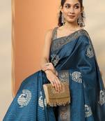 blue embellished saree with unstitched blouse piece