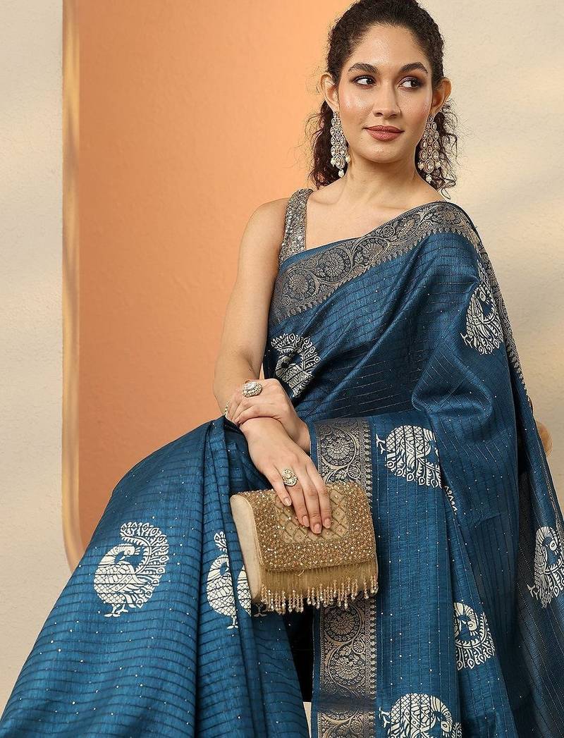 blue embellished saree with unstitched blouse piece
