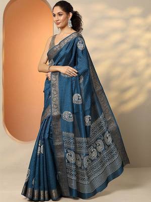 blue embellished saree with unstitched blouse piece 2