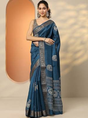 blue embellished saree with unstitched blouse piece 4