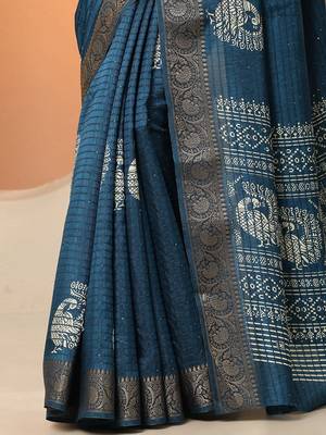 blue embellished saree with unstitched blouse piece 5