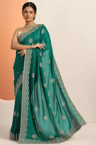 green embellished saree with unstitched blouse piece