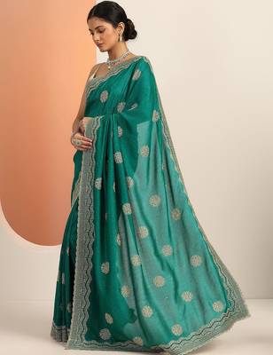 green embellished saree with unstitched blouse piece 2