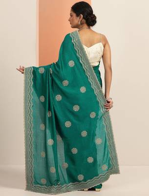 green embellished saree with unstitched blouse piece 3