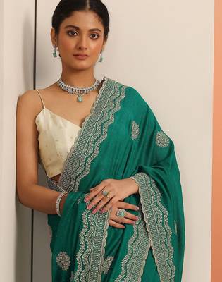 green embellished saree with unstitched blouse piece 4