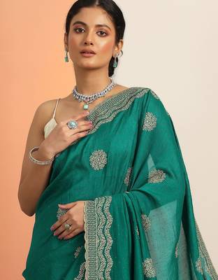 green embellished saree with unstitched blouse piece 5