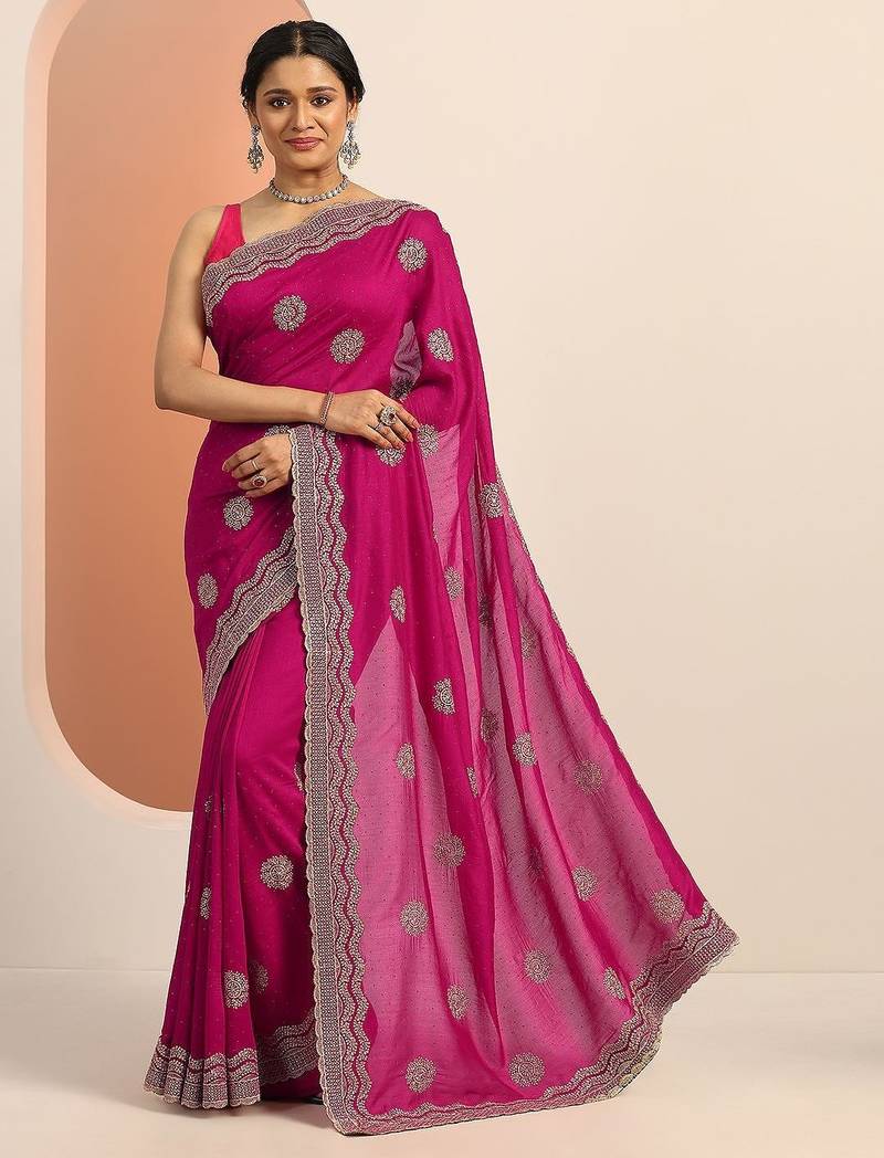 pink embellished saree with unstitched blouse piece