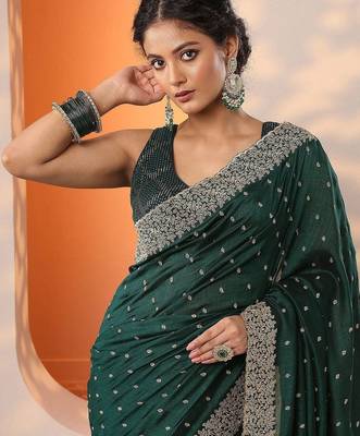 green embellished saree with unstitched blouse piece 1