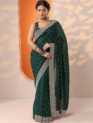 green embellished saree with unstitched blouse piece 2