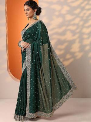 green embellished saree with unstitched blouse piece 3