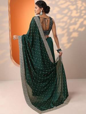 green embellished saree with unstitched blouse piece 4