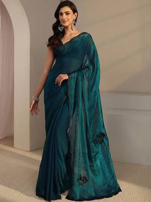 teal floral embellished organza saree with unstitched blouse piece 1
