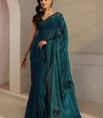 teal floral embellished organza saree with unstitched blouse piece