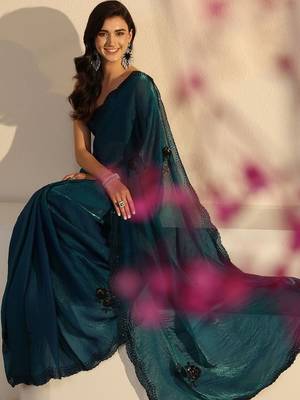 teal floral embellished organza saree with unstitched blouse piece 2