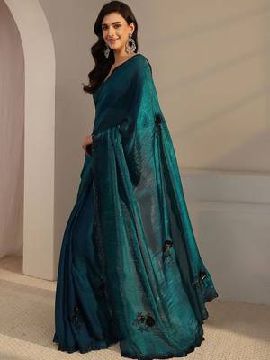 teal floral embellished organza saree with unstitched blouse piece 3
