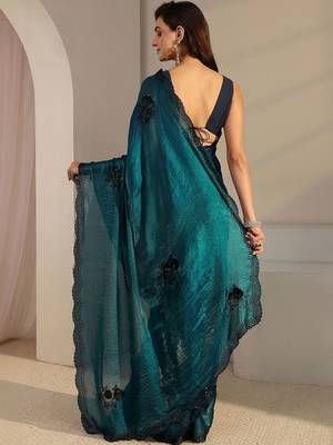 teal floral embellished organza saree with unstitched blouse piece 4