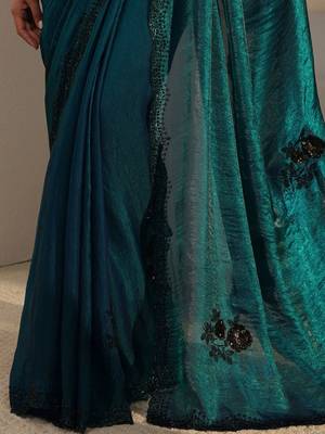 teal floral embellished organza saree with unstitched blouse piece 5
