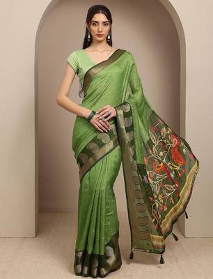 green paisley woven design saree with unstitched blouse piece 1