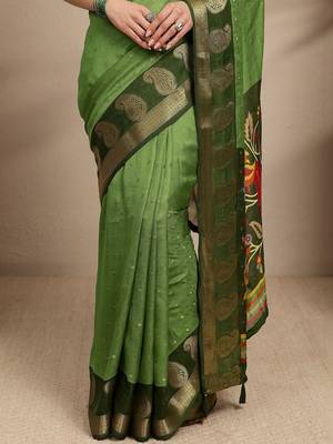 green paisley woven design saree with unstitched blouse piece 3